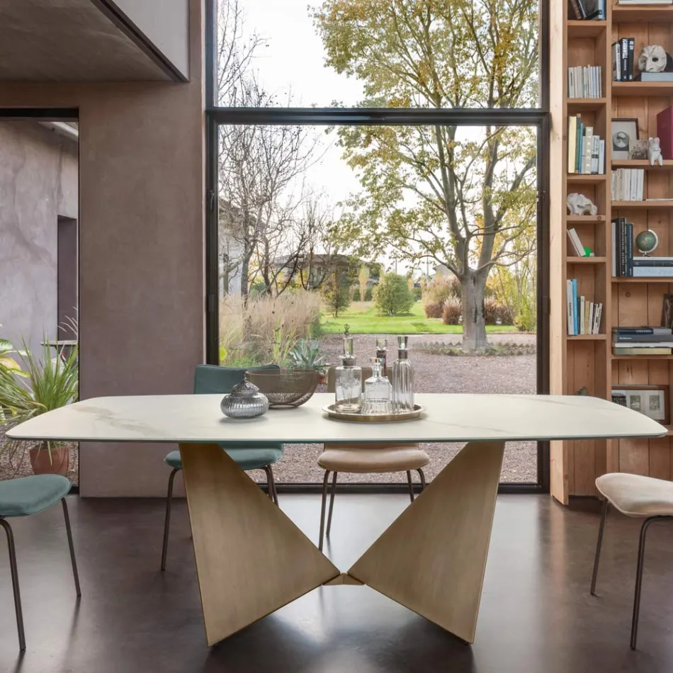 Mesa de comedor de cerámica de 3 mm y base de metal Made in Italy - Peony Viadurini