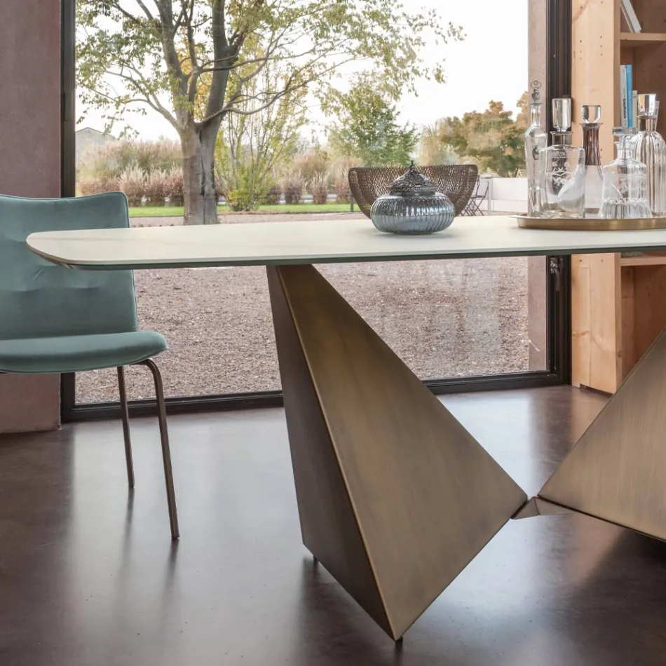 Mesa de comedor de cerámica de 3 mm y base de metal Made in Italy - Peony Viadurini