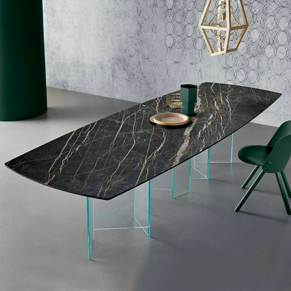 Mesa de comedor de cerámica y base de vidrio extraligero Made in Italy - Aleatorio Viadurini