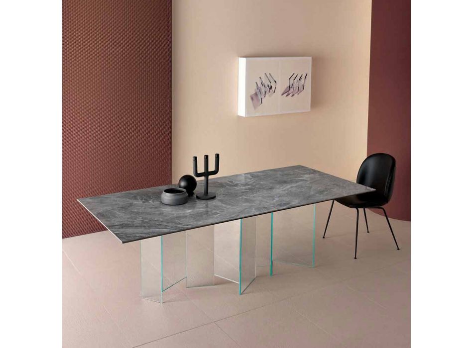 Mesa de comedor de cerámica y base de vidrio extraligero Made in Italy - Aleatorio Viadurini