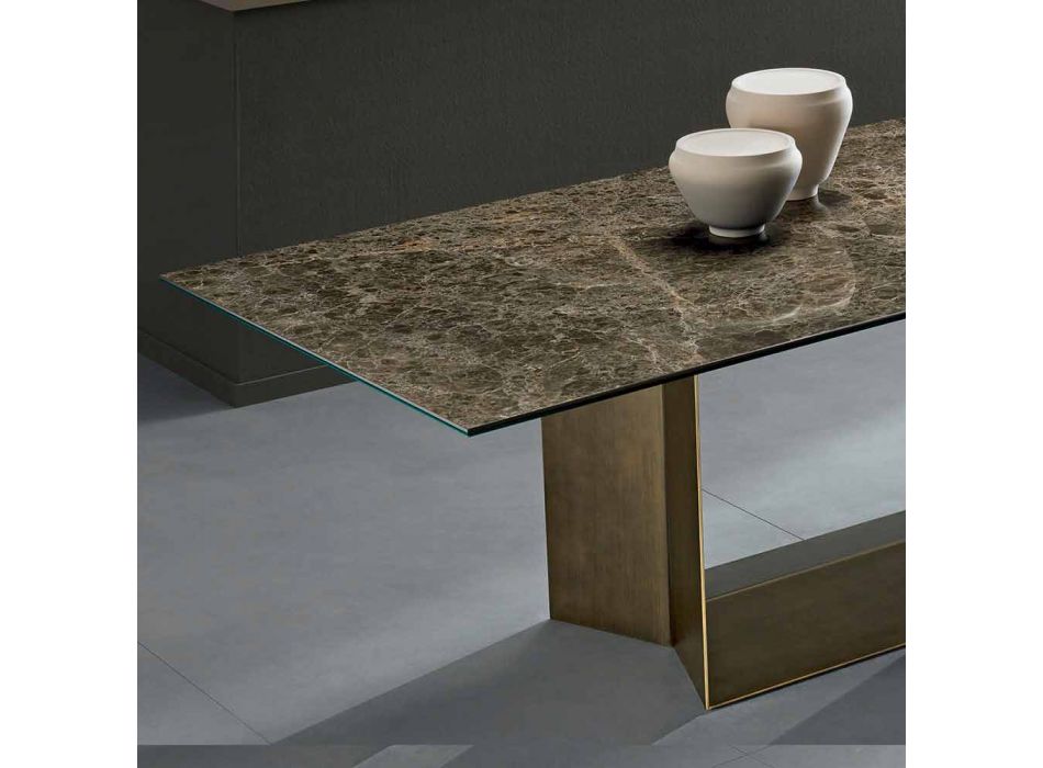 Mesa de comedor Emperador de cerámica y metal de bronce Made in Italy - Marrón oscuro Viadurini