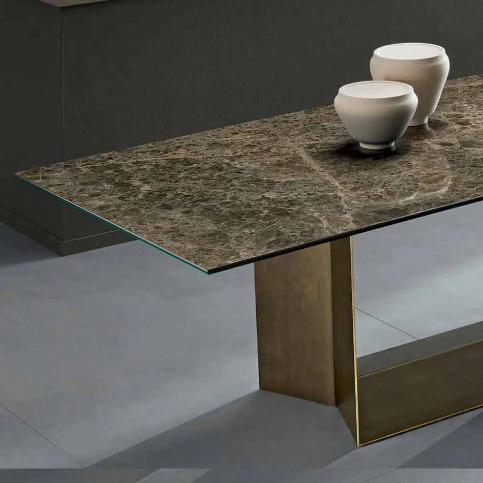 Mesa de comedor Emperador de cerámica y metal de bronce Made in Italy - Marrón oscuro Viadurini