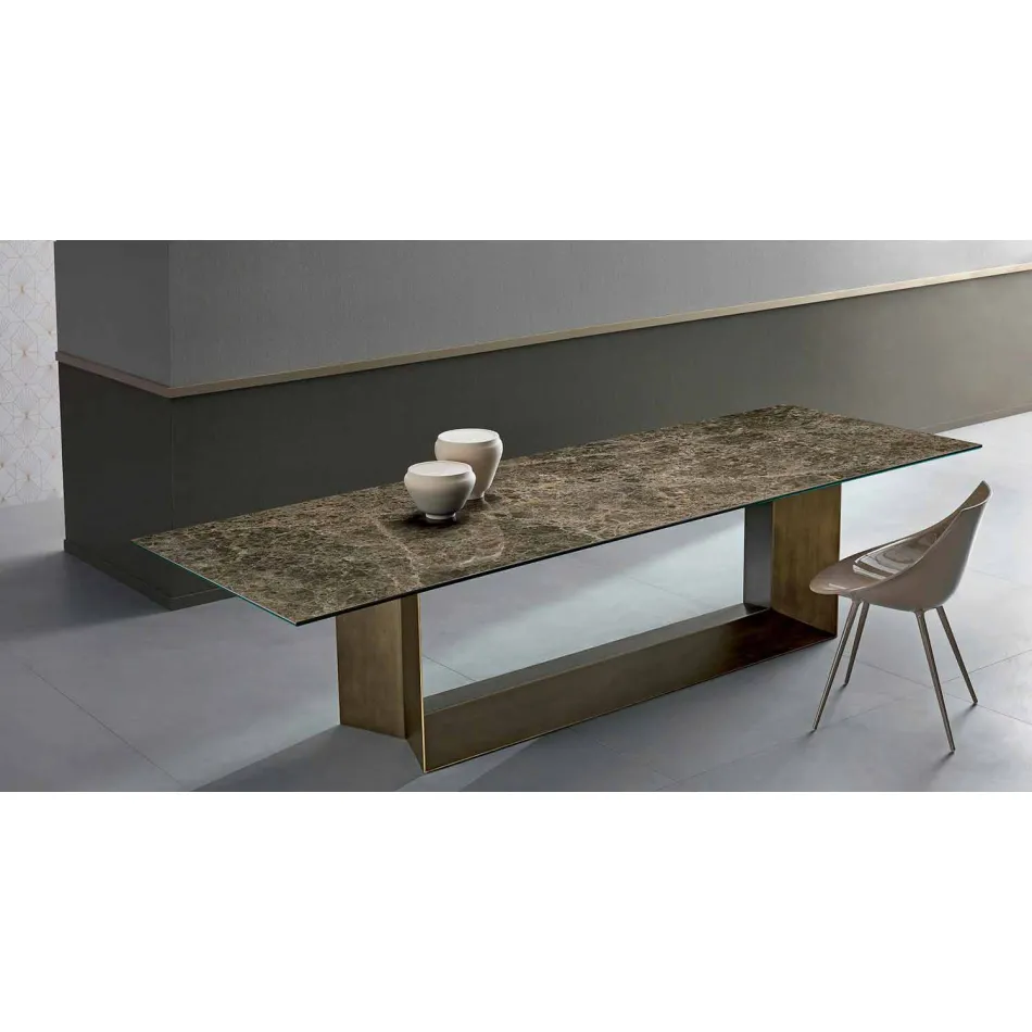 Mesa de comedor Emperador de cerámica y metal de bronce Made in Italy - Marrón oscuro Viadurini