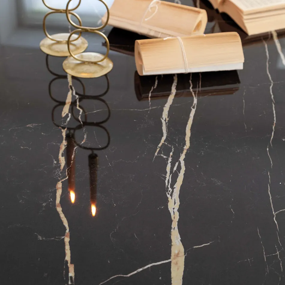 Mesa de comedor de cerámica pulida Florim Thunder Night y acero - Medunotav Viadurini