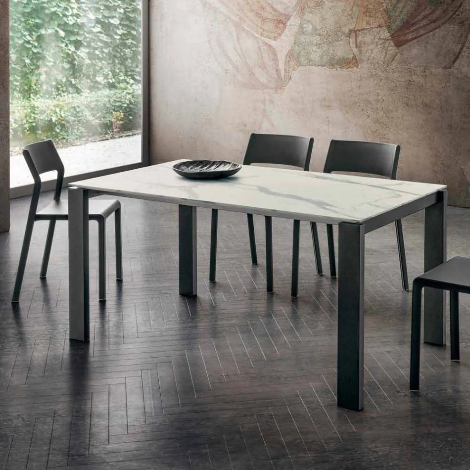 Mesa de comedor en efecto mármol Hpl y metal lacado Made in Italy - Jupiter Viadurini