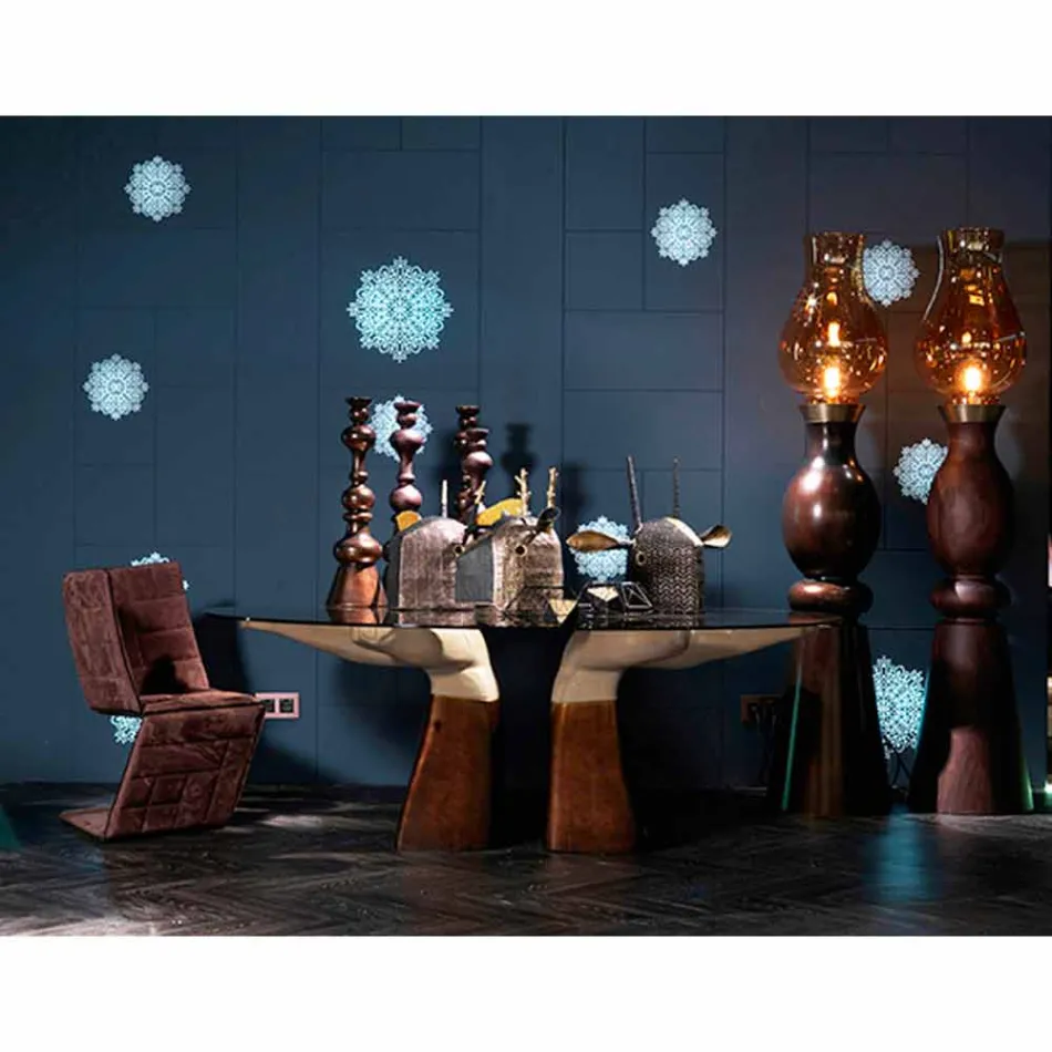 Mesa de comedor de madera con tapa de cristal, hecha en Italia, Bartolo Viadurini