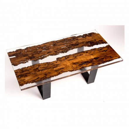 Mesa de comedor en madera de Giuda y briccola hecha a mano de resina Viadurini