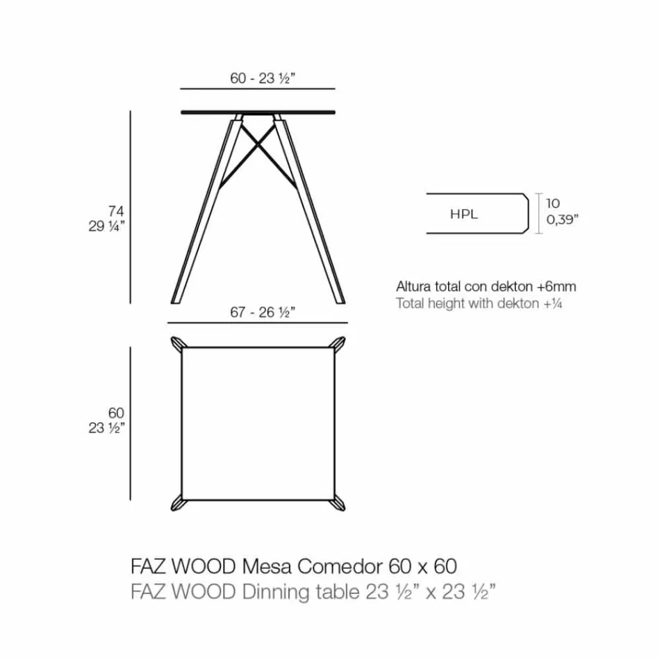 Mesa de comedor cuadrada de diseño de madera y Hpl, 4 piezas - Faz Wood by Vondom Viadurini