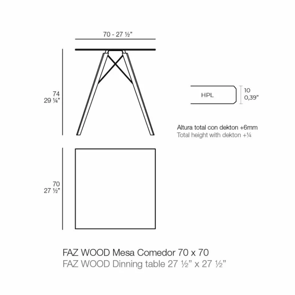 Mesa de comedor cuadrada de diseño de madera y Hpl, 4 piezas - Faz Wood by Vondom Viadurini
