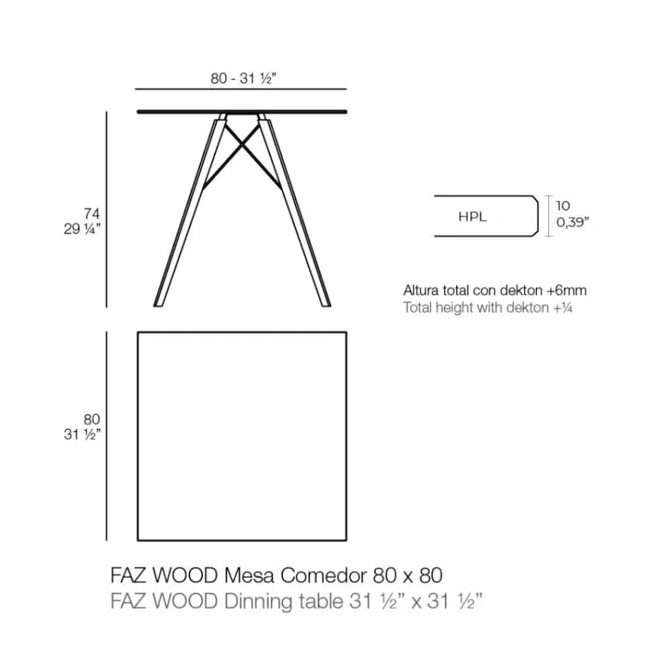 Mesa de comedor cuadrada de diseño de madera y Hpl, 4 piezas - Faz Wood by Vondom Viadurini