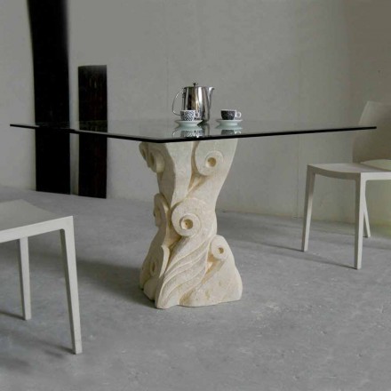 mesa de comedor de piedra con diseño de tapa de cristal Giasone Viadurini