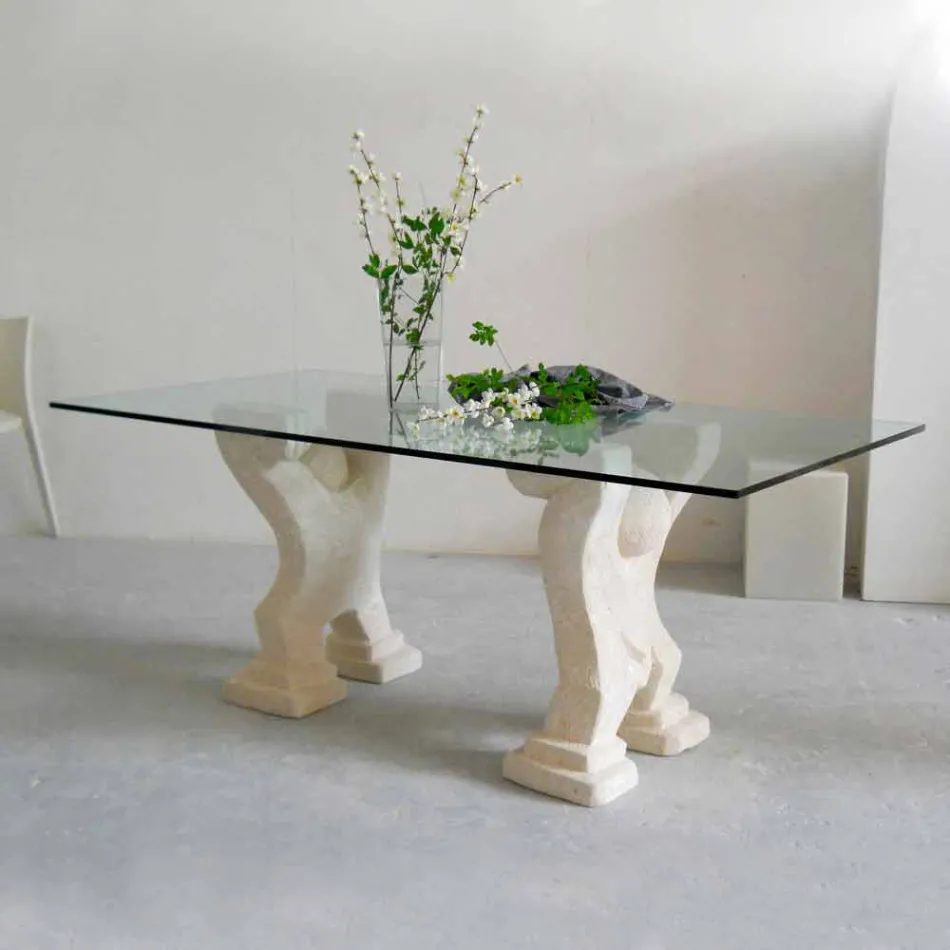 mesa de comedor de piedra y cristal de diseño moderno de la medusa Viadurini