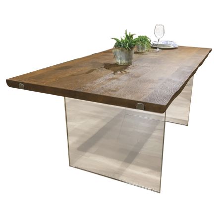 Mesa de Comedor en Roble Macizo y Base de Cristal Made in Italy - Iker Viadurini