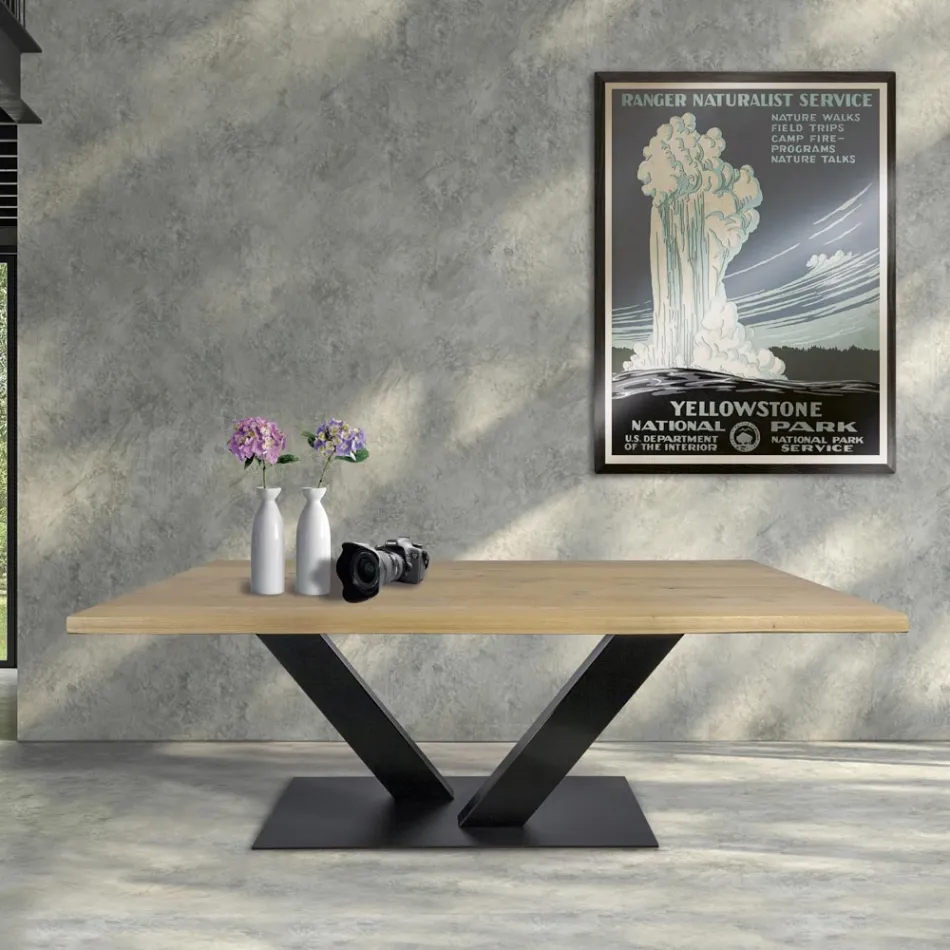 Mesa de comedor en roble chapado Masellato y metal Made in Italy - Riad Viadurini