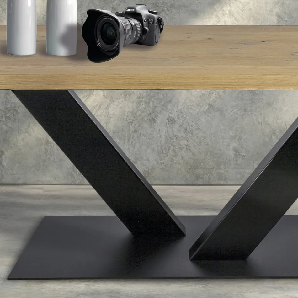 Mesa de comedor en roble chapado Masellato y metal Made in Italy - Riad Viadurini