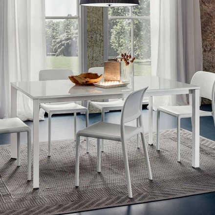 Mesa de comedor en vidrio blanco y metal pintado Made in Italy - Broche Viadurini