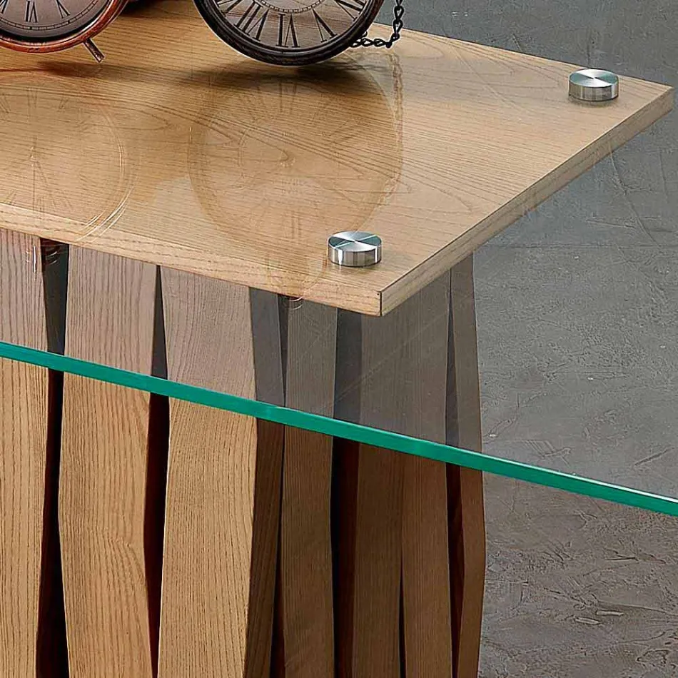 Mesa de comedor en vidrio y madera maciza hecha en Italia, Egisto. Viadurini