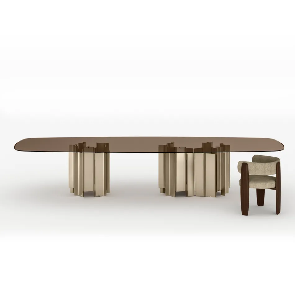 Mesa de comedor moderna de cristal y metal fabricada en Italia - Duna Viadurini