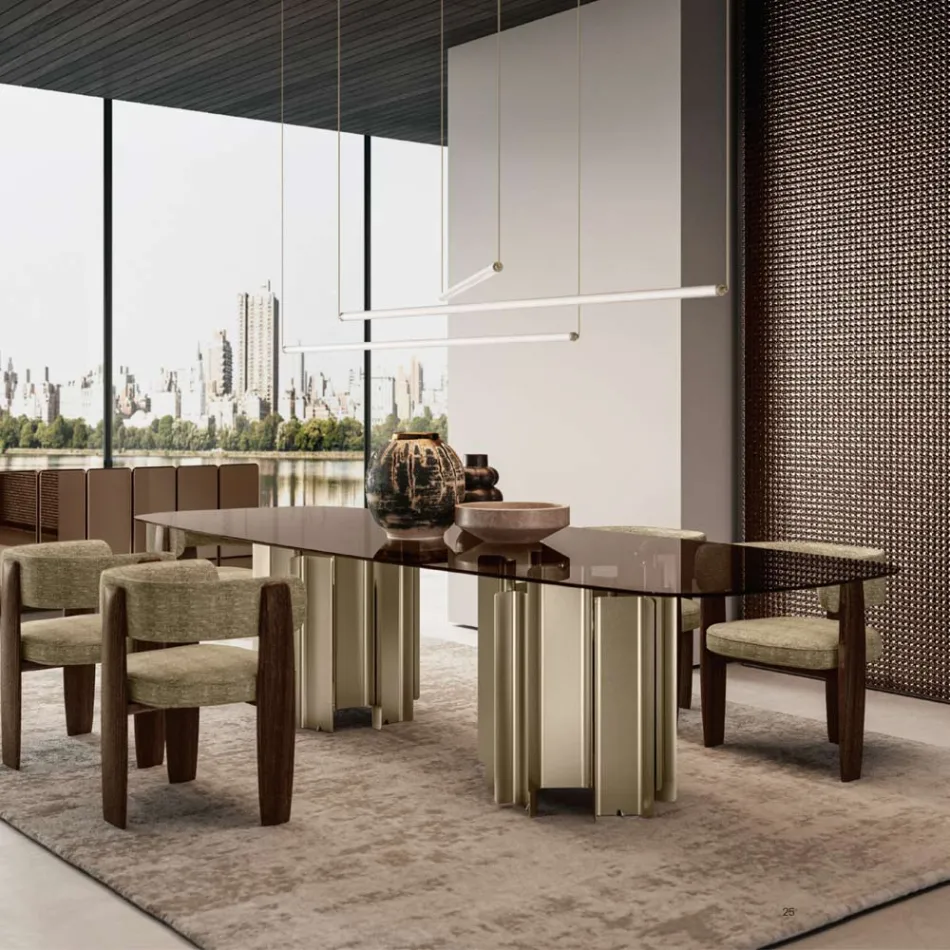 Mesa de comedor moderna de cristal y metal fabricada en Italia - Duna Viadurini