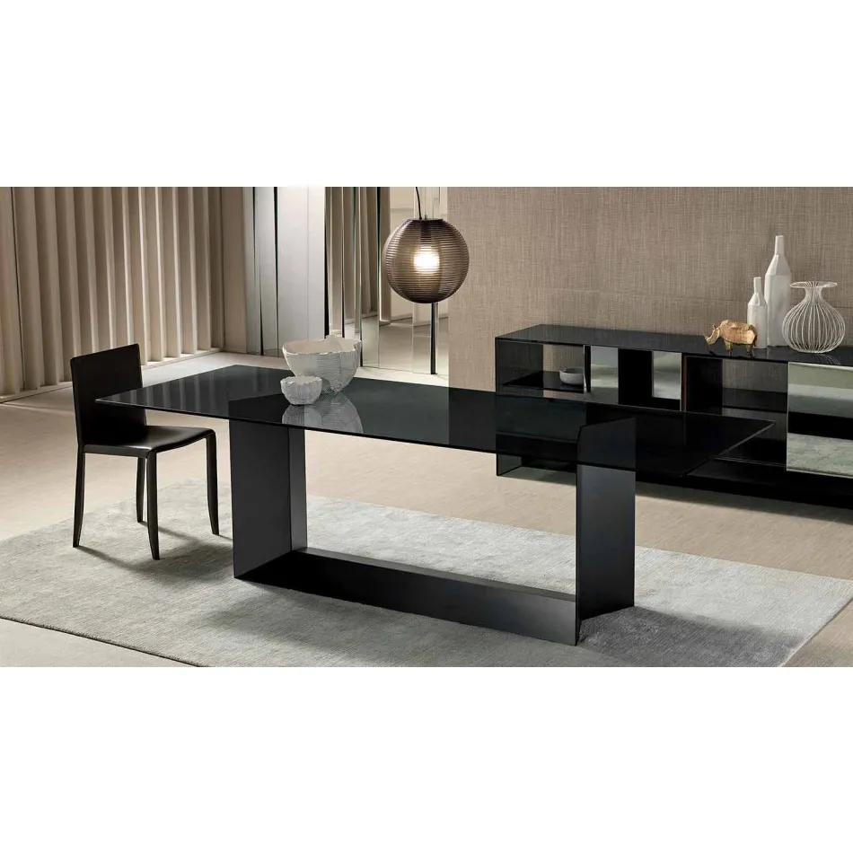 Mesa de comedor en vidrio ahumado o extraligero y metal hecho en Italia - marrón oscuro Viadurini