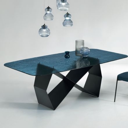 Mesa de comedor en vidrio martillado y metal negro Made in Italy - Mirco Viadurini
