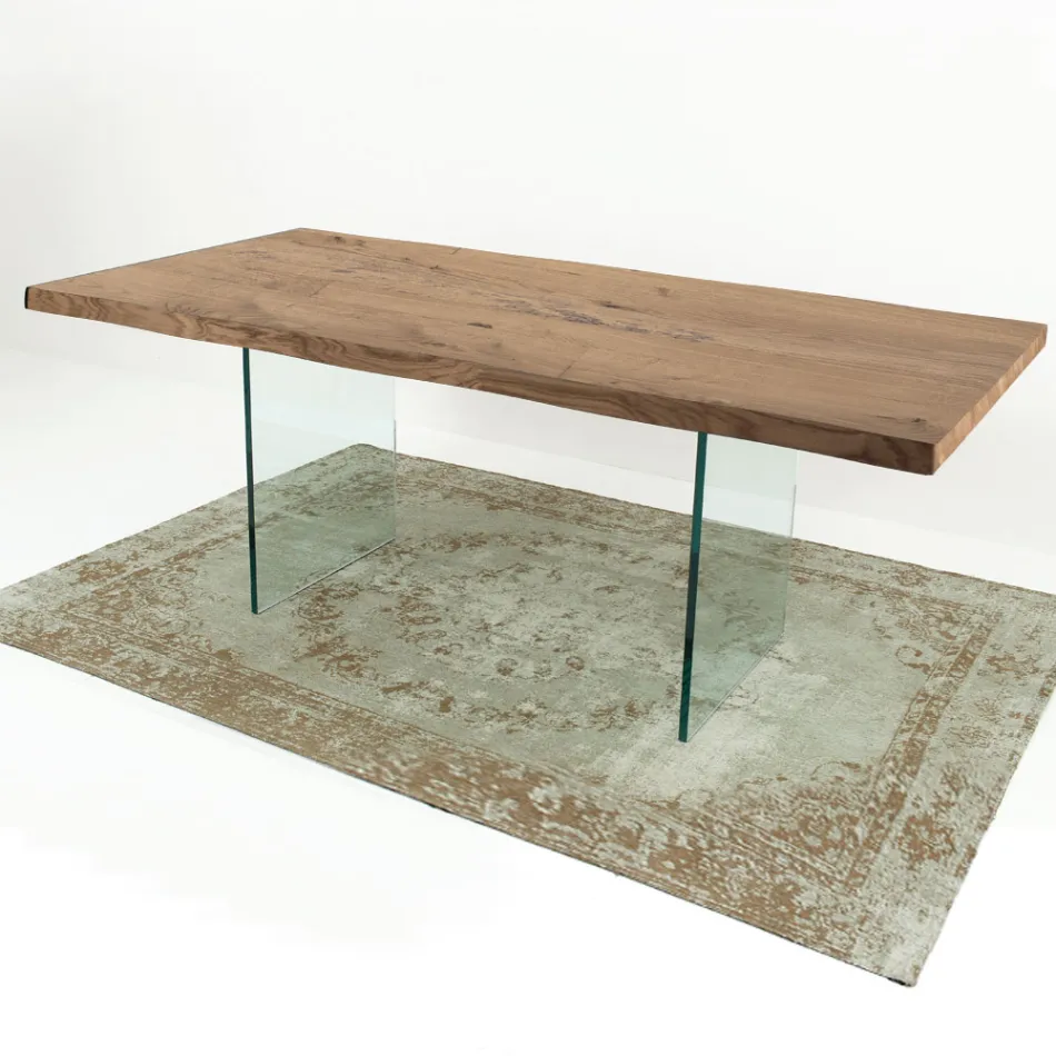 Mesa de comedor moderna en madera chapada y vidrio Made in Italy - Strappo Viadurini