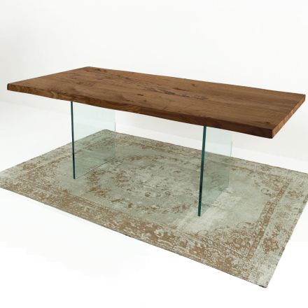 Mesa de comedor moderna en madera chapada y vidrio Made in Italy - Strappo Viadurini