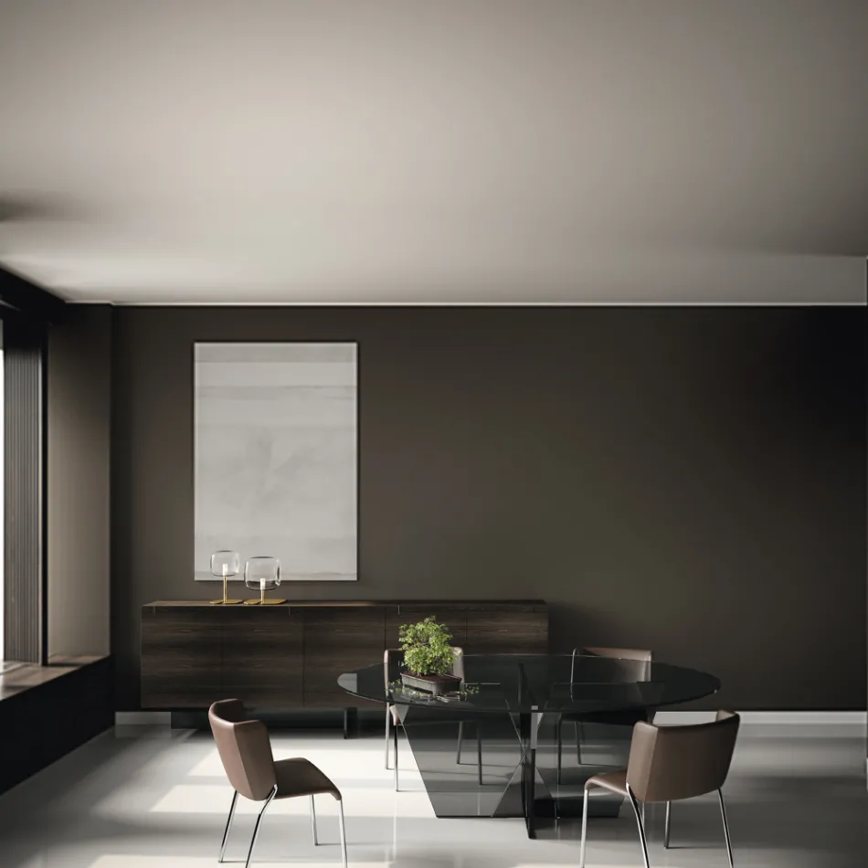 Mesa de comedor ovalada con tapa y base de vidrio Made in Italy - Tiseo Viadurini