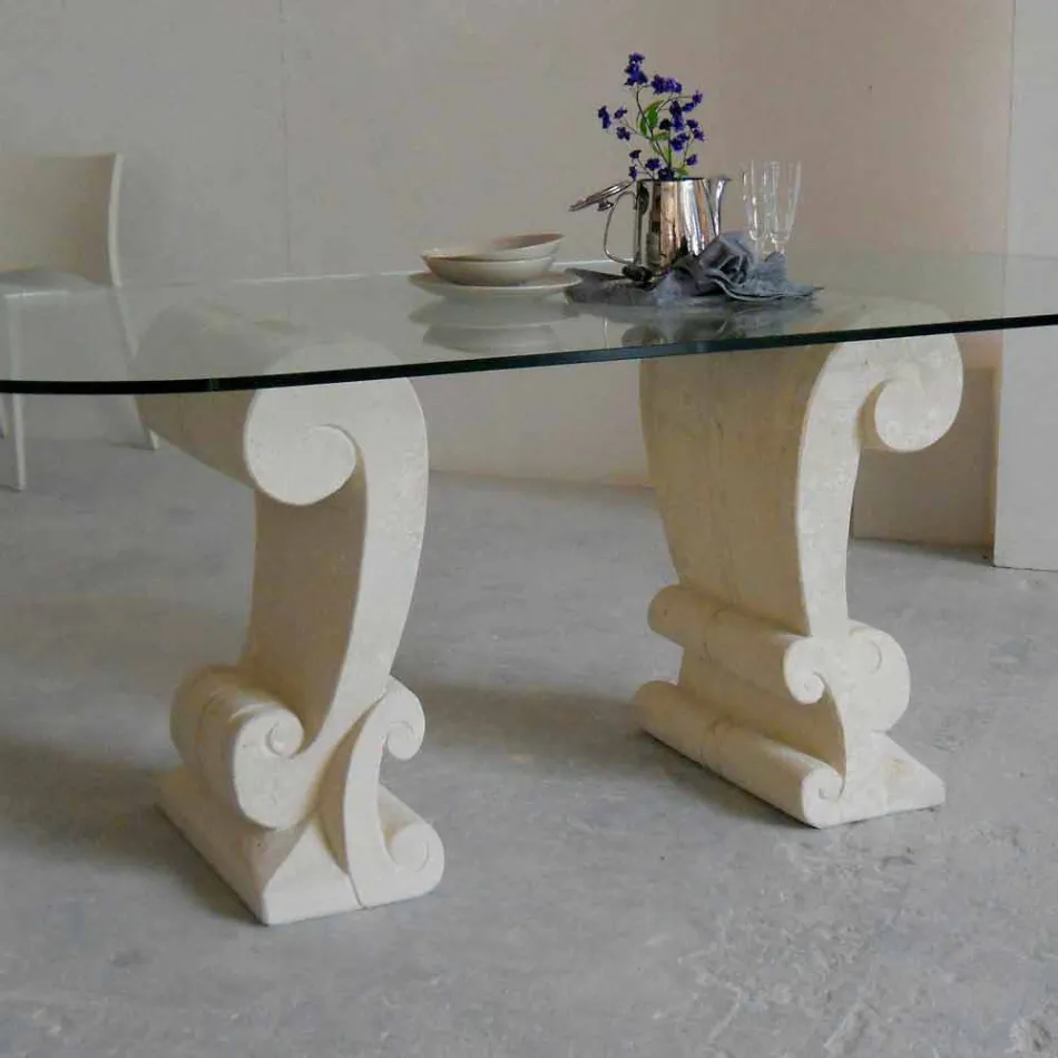 mesa de comedor ovalada de piedra y cristal de diseño clásico Aracne Viadurini