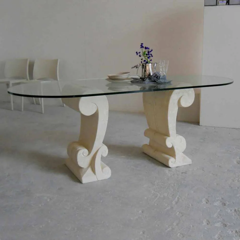mesa de comedor ovalada de piedra y cristal de diseño clásico Aracne Viadurini