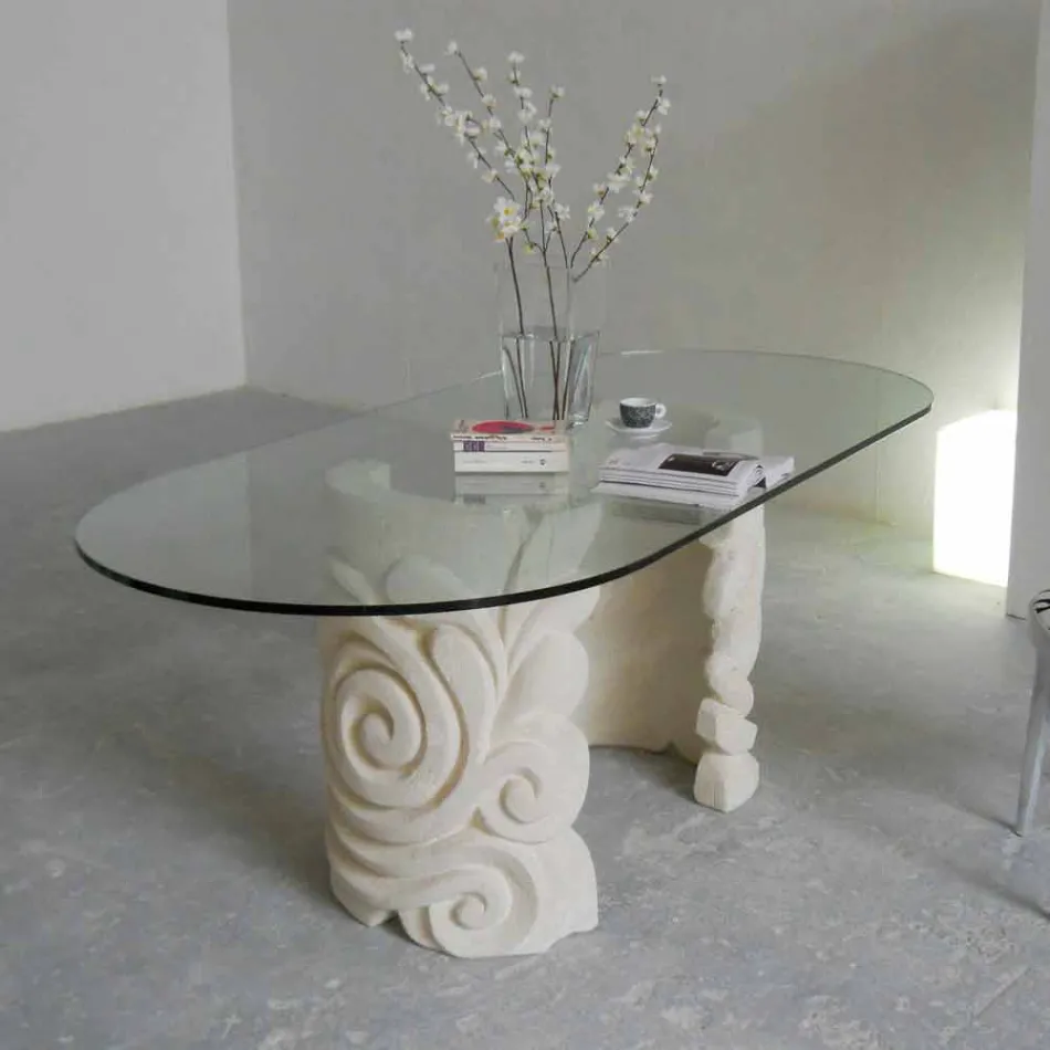 mesa de comedor ovalada en piedra y cristal de diseño moderno Aden Viadurini