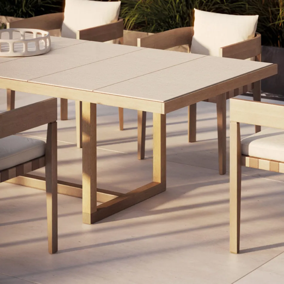 Mesa de comedor de jardín en madera de iroko y gres Made in Italy - Bresson Viadurini