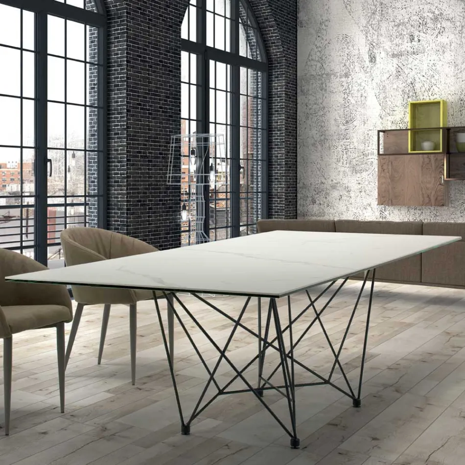 Mesa de comedor con tablero de Laminam y base de acero Made in Italy - Ezzellino Viadurini