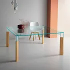 Mesa de comedor de vidrio y base de madera maciza Made in Italy - Presino Viadurini