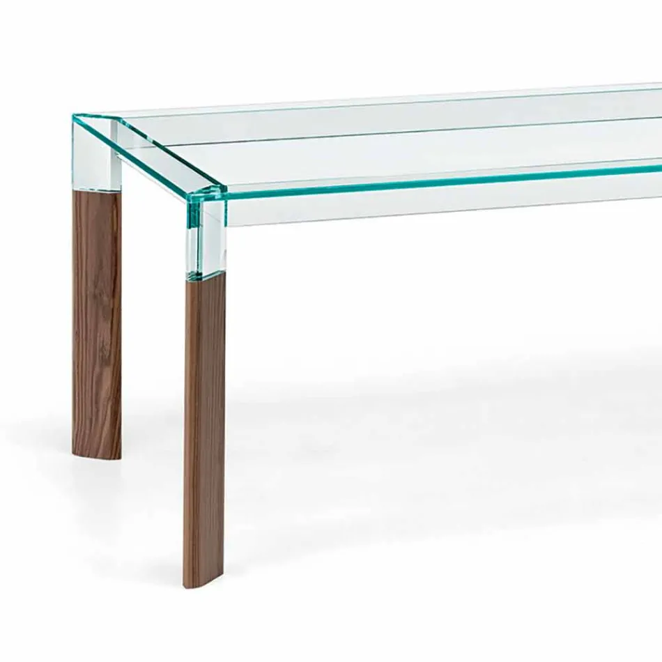 Mesa de comedor de vidrio y base de madera maciza Made in Italy - Presino Viadurini