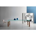 Mesa de comedor de vidrio y base de madera maciza Made in Italy - Presino Viadurini
