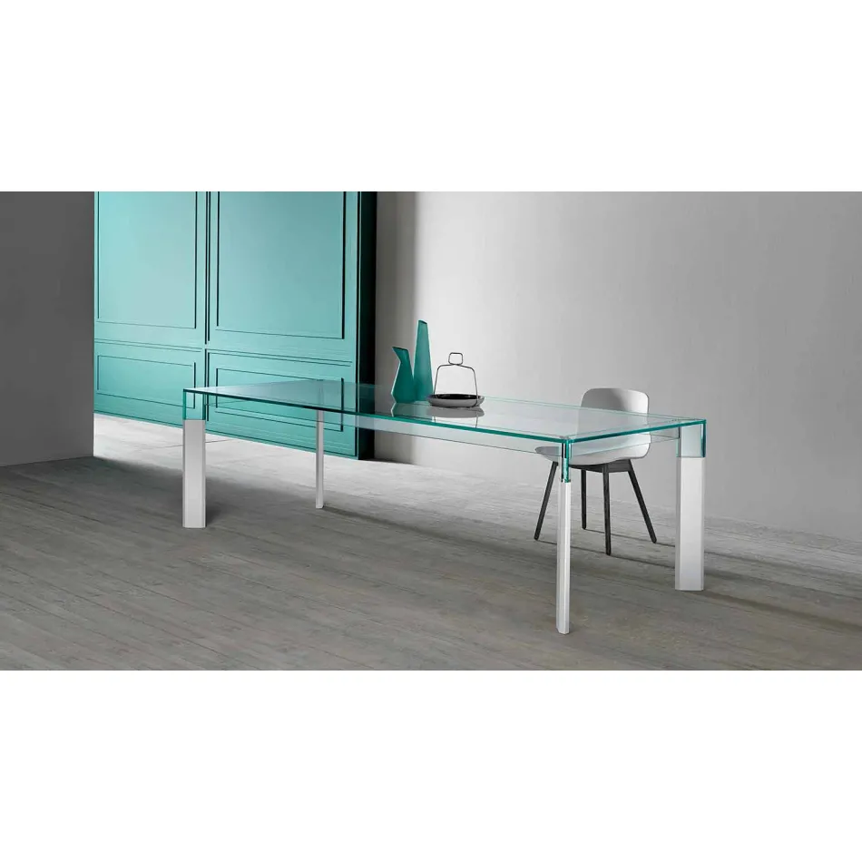 Mesa de comedor de vidrio y base de madera maciza Made in Italy - Presino Viadurini