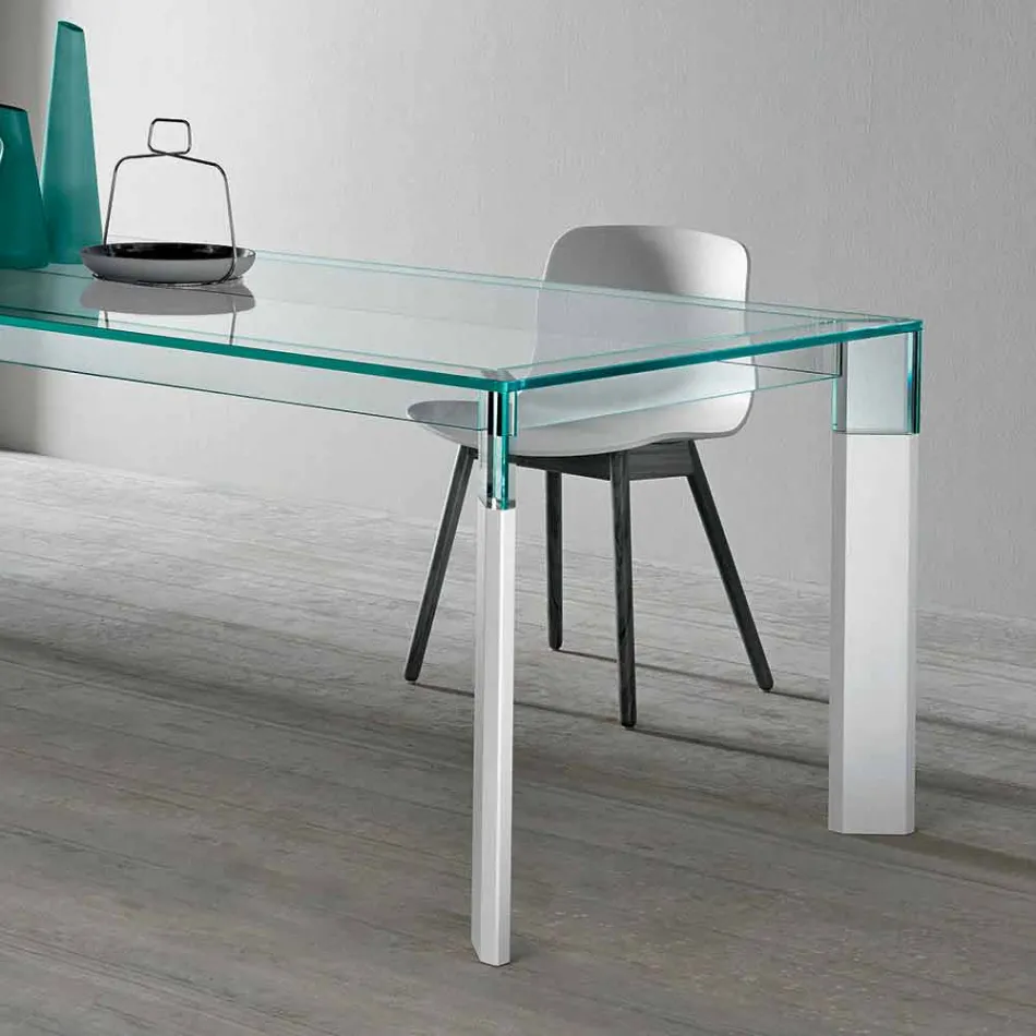 Mesa de comedor de vidrio y base de madera maciza Made in Italy - Presino Viadurini