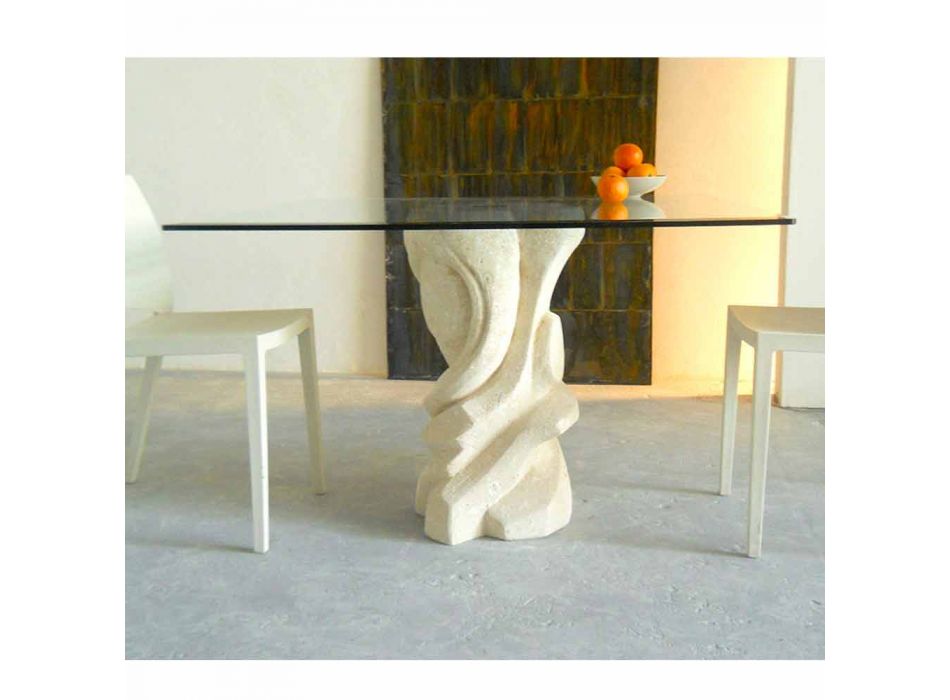 mesa de comedor cuadrada en piedra con tapa de cristal Leda Viadurini
