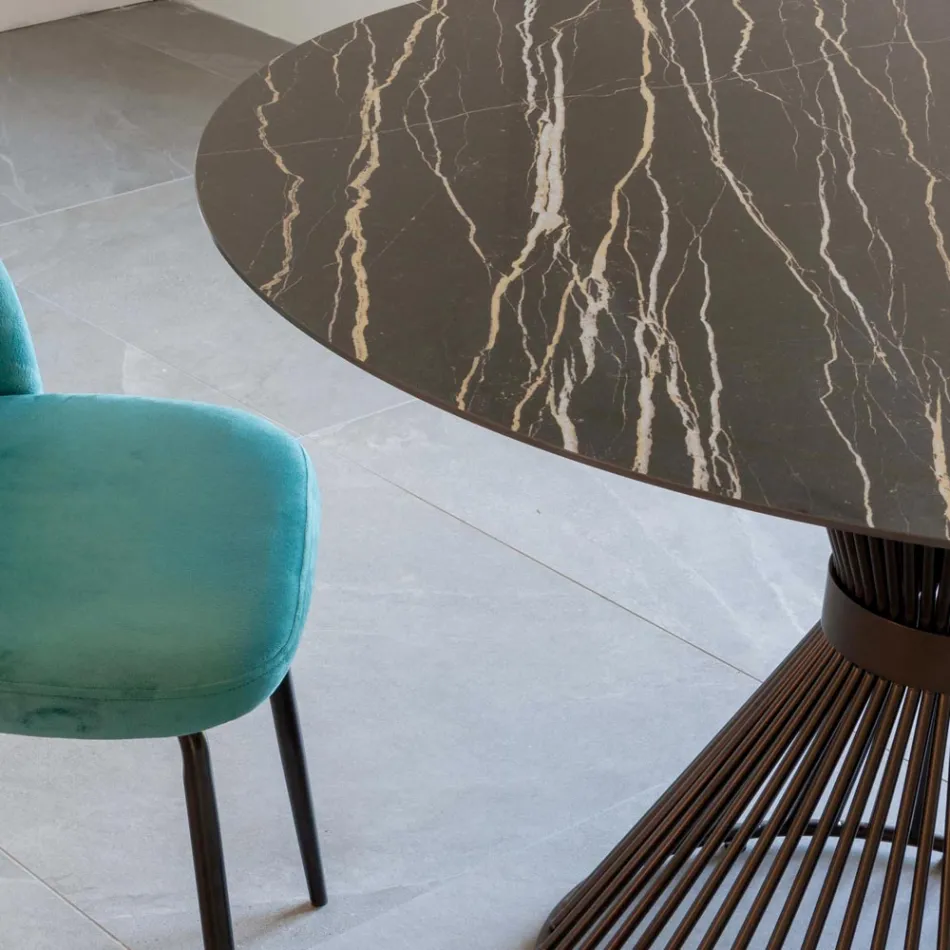 Mesa de comedor redonda en cerámica pulida Florim y base de acero - Denali Viadurini