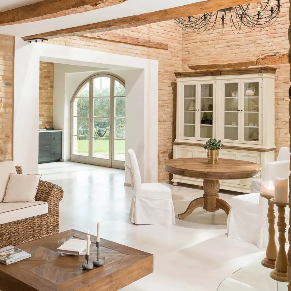 Mesa de Comedor Redonda en Madera Tropical Reciclada con Base Central - Slide Viadurini