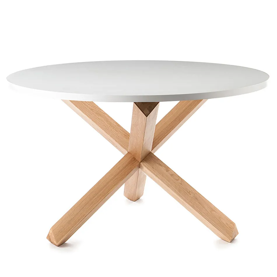Mesa de comedor redonda en MDF blanco mate y madera maciza - Dante Viadurini