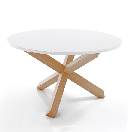 Mesa de comedor redonda en MDF blanco mate y madera maciza - Dante Viadurini