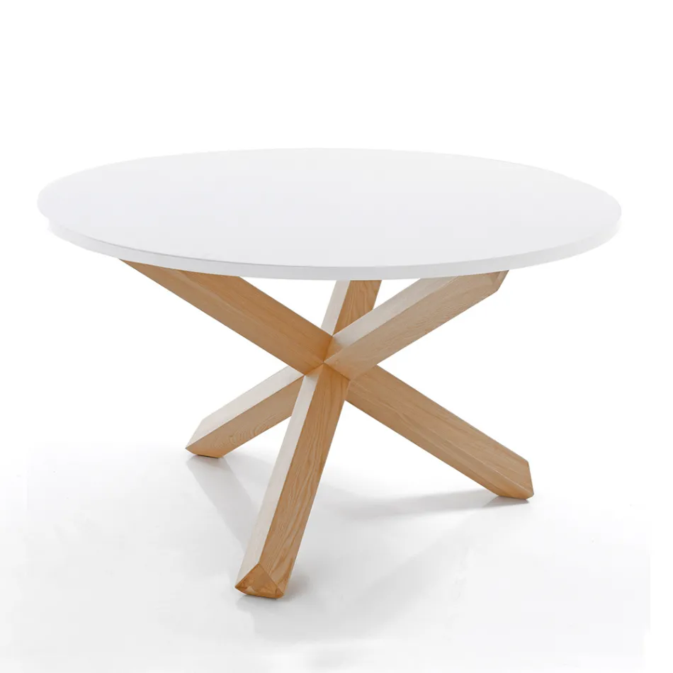 Mesa de comedor redonda en MDF blanco mate y madera maciza - Dante Viadurini
