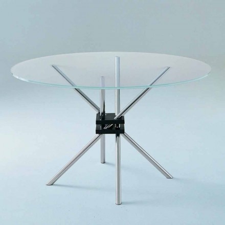 Mesa de comedor redonda en acero y vidrio templado Made in Italy - Trebbiano Viadurini