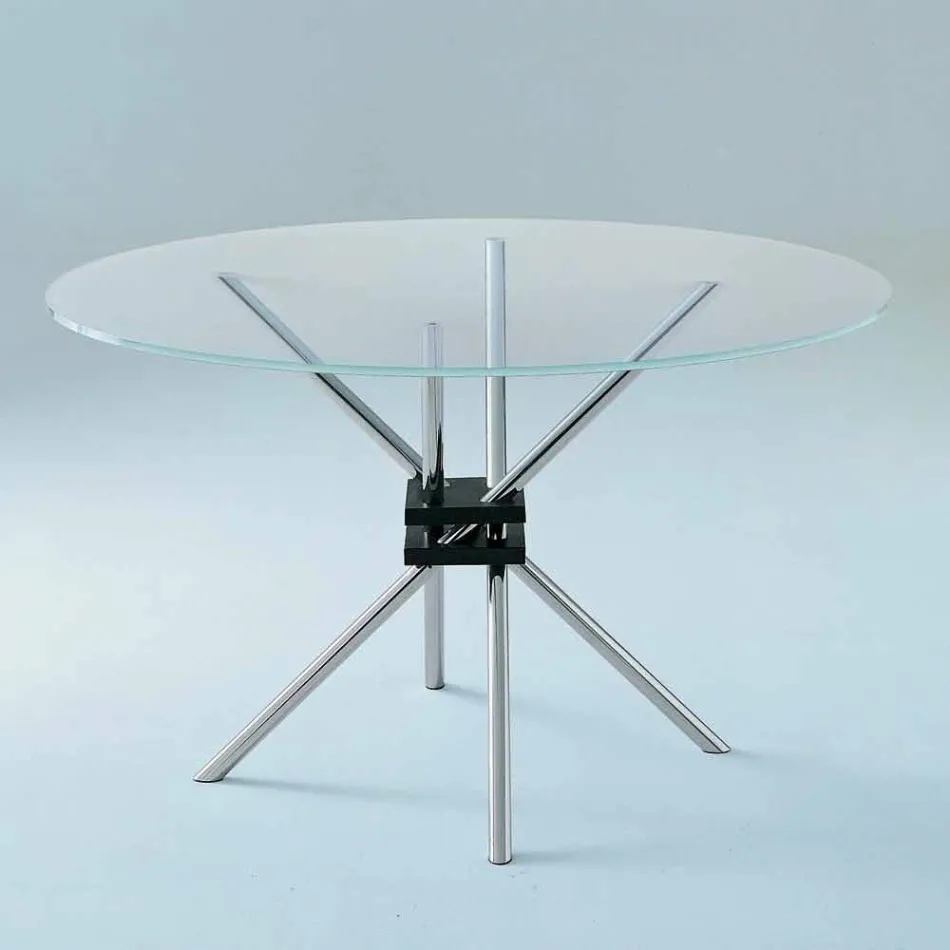Mesa de comedor redonda en acero y vidrio templado Made in Italy - Trebbiano Viadurini