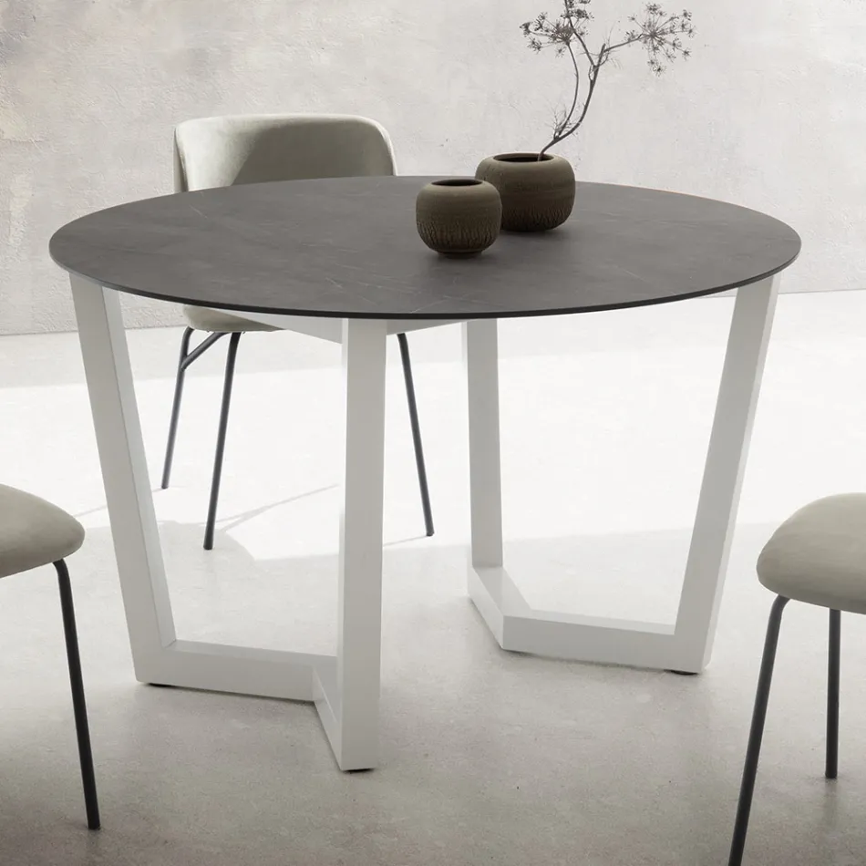 Mesa de Comedor Redonda de Metal y Hpl Laminado Made in Italy - Bastiano Viadurini
