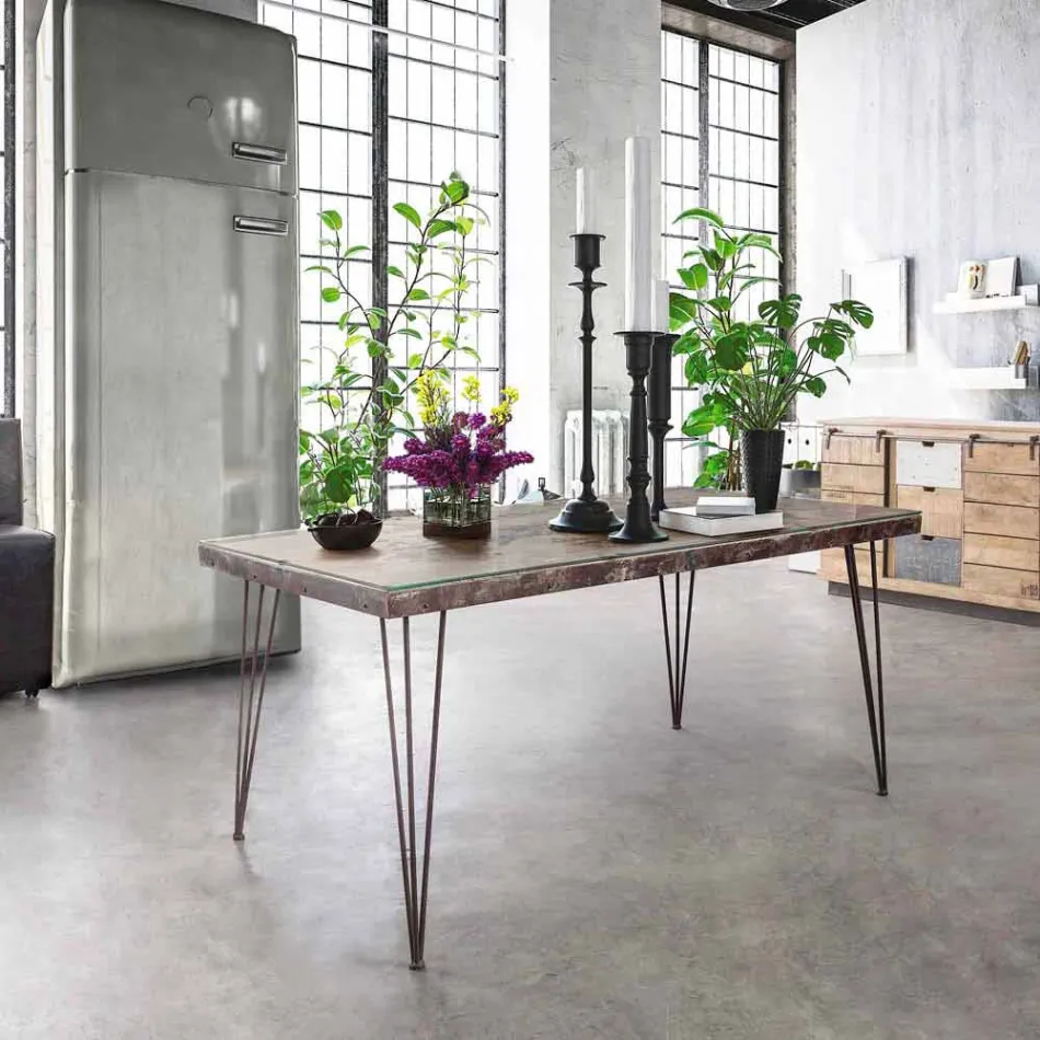 Mesa de comedor estilo industrial con tablero en MDF y vidrio Homemotion - Brasil Viadurini