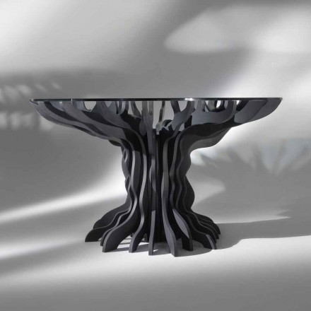 Cassia mesa redonda de comedor, piano de madera de color negro y tapa de cristal Viadurini