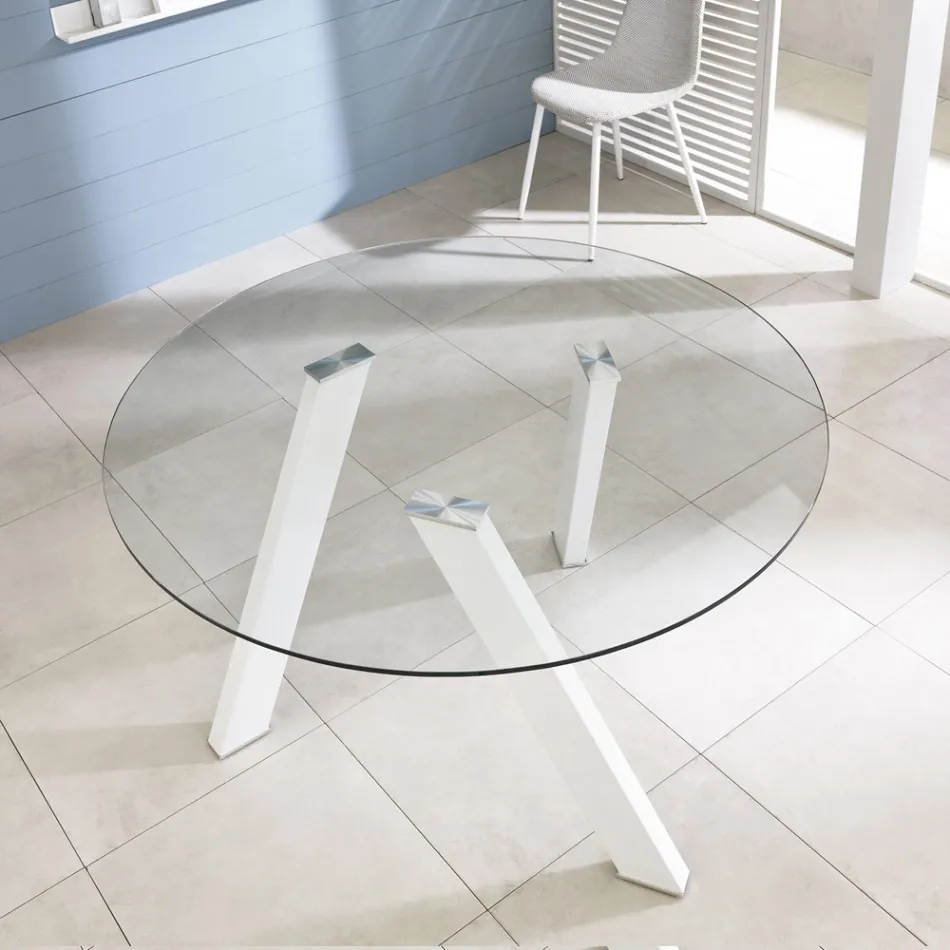 Mesa de comedor redonda Adamo con tablero de cristal, diseño moderno. Viadurini